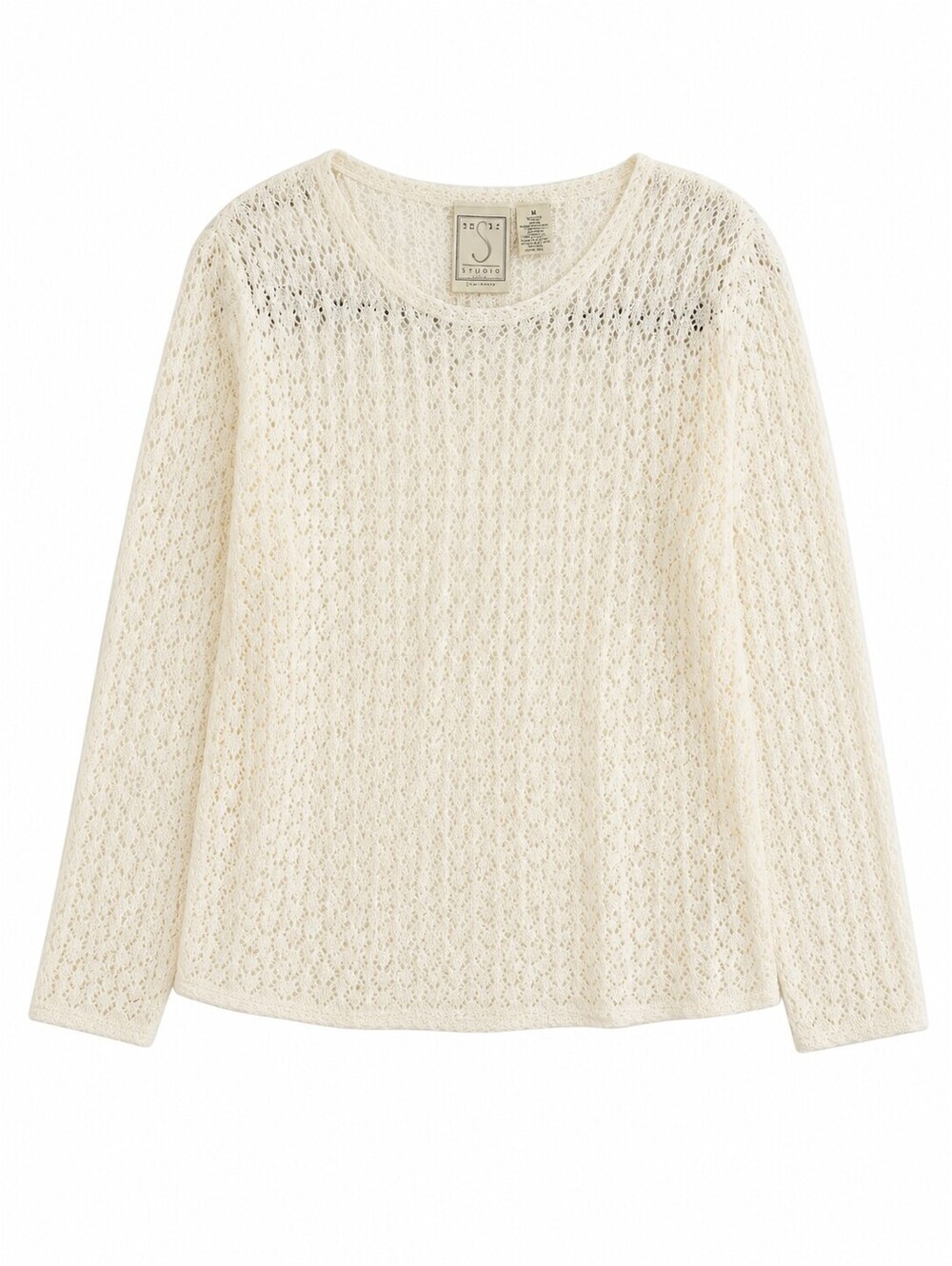 Liz Claiborne Studio Ivory Open Knit Crochet Sweater Women's M Long Sleeve Boho